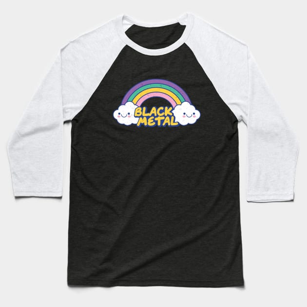 Black Metal Rainbow and Cute Kawaii Clouds Baseball T-Shirt by PerttyShirty